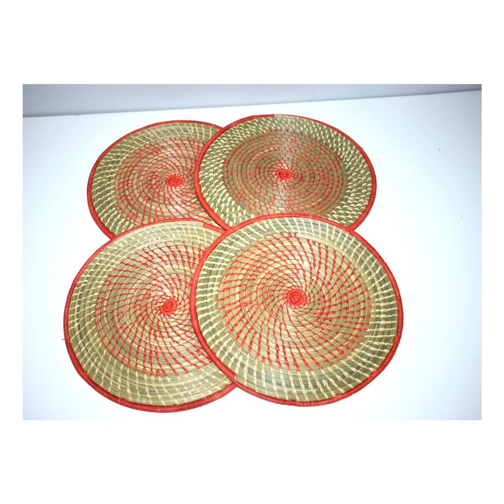 Wicker Plate Mats Set of 4 Orange Tan Woven Includes Holder